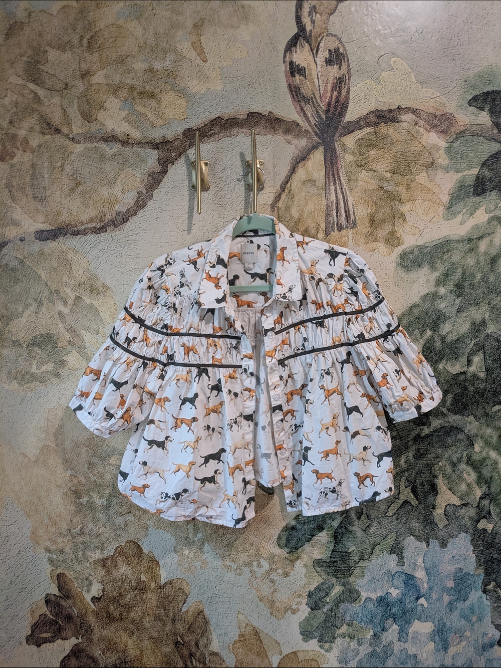 Anthropologie White Button-Front Dog Print Blouse